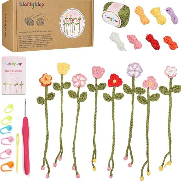 NEW 8 Flower Bookmarks Knitting Kit with Soft Yarn and Hook for Beginners - Picture 1 of 7